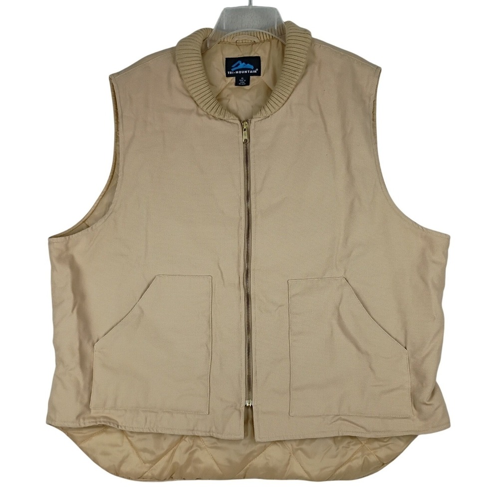 Tri-Mountain Canvas Quilted Vest Men XL Tan Workwear Utility Outerwear 3827